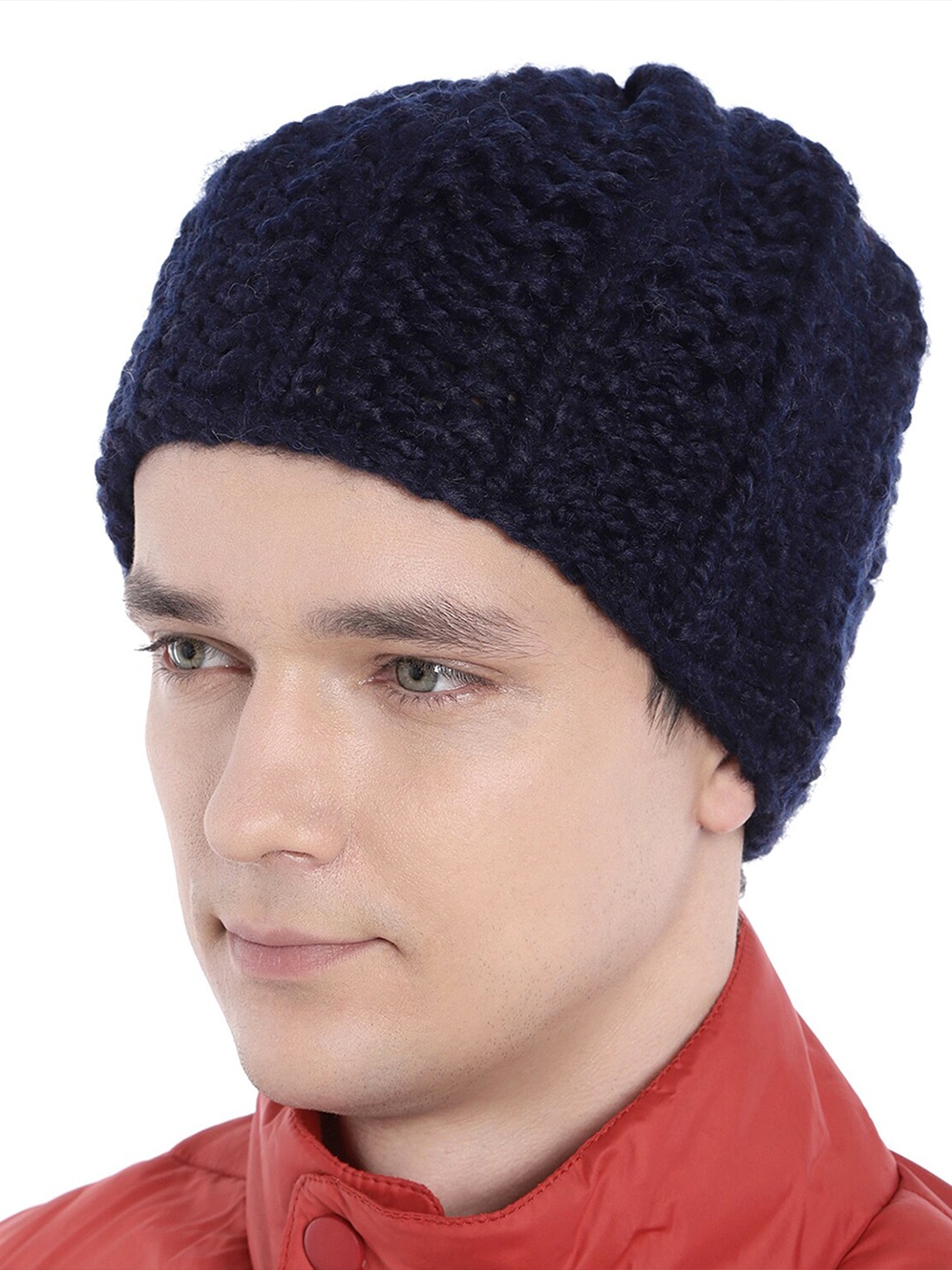 

Magic Needles Men Acrylic Self Design Beanie, Navy blue