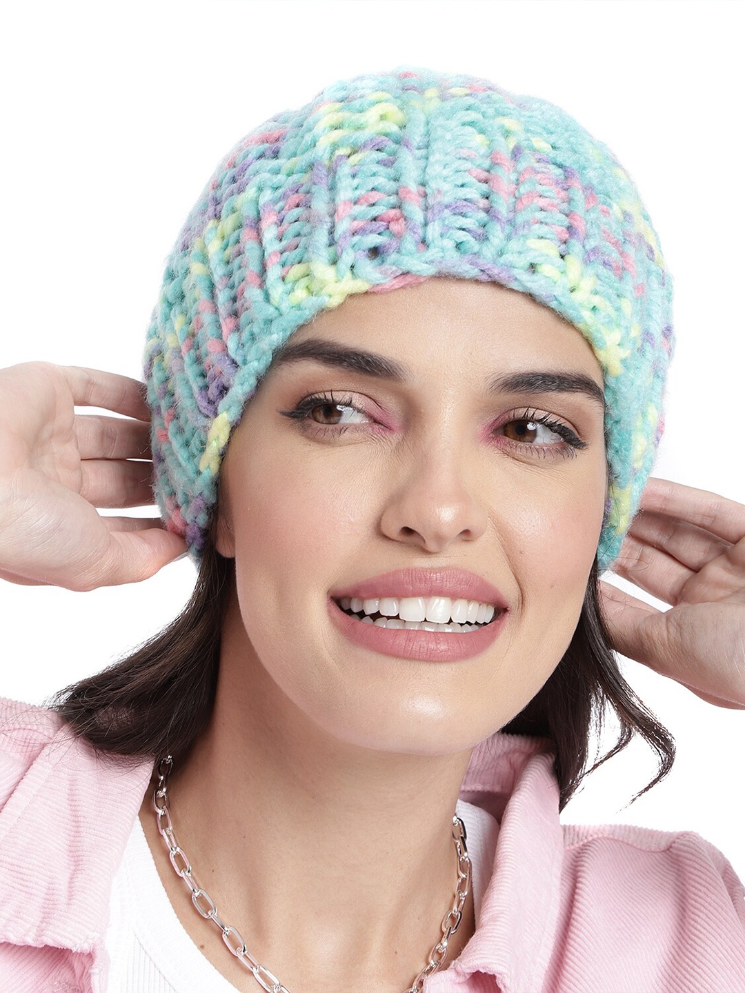 

Magic Needles Women Acrylic Self Design Beanie, Green