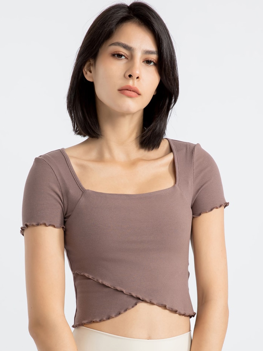 

JC Collection Square Neck Short Sleeves Fitted Crop Top, Coffee brown