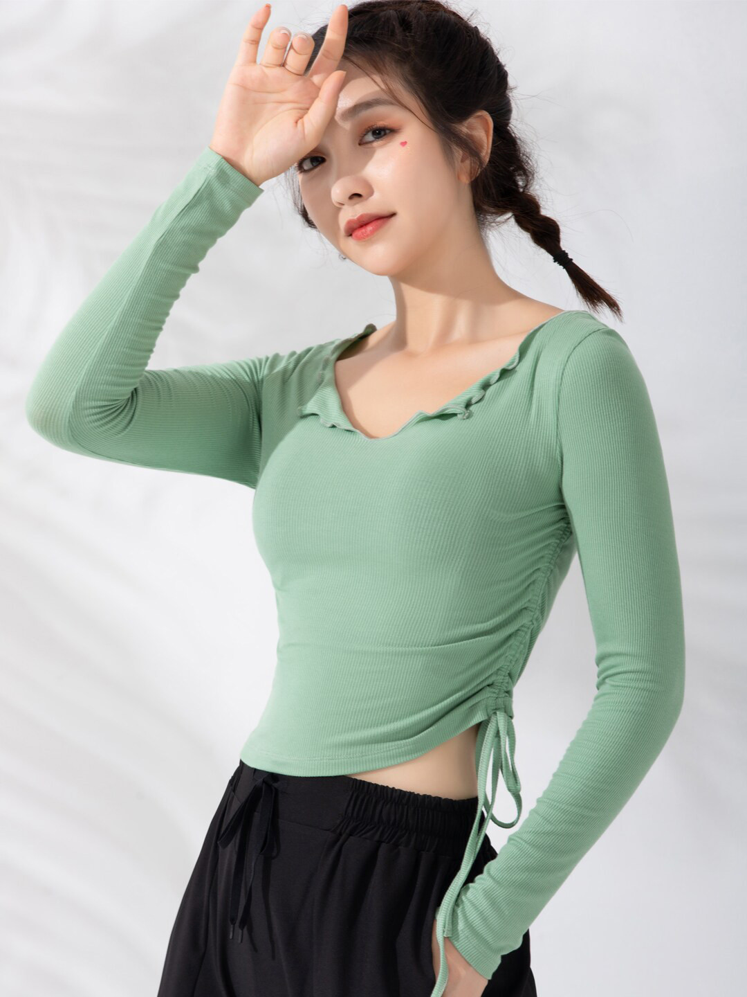 

JC Collection Side Ruched Round Neck Long Sleeves Crop Top, Green