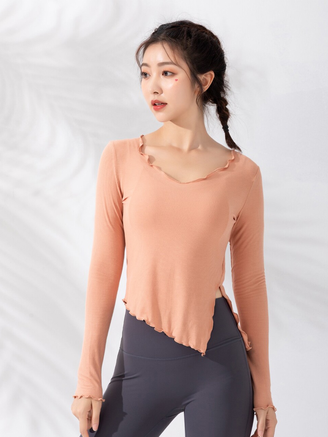 

JC Collection Back Tie-Ups V-Neck Long Sleeves Top, Peach