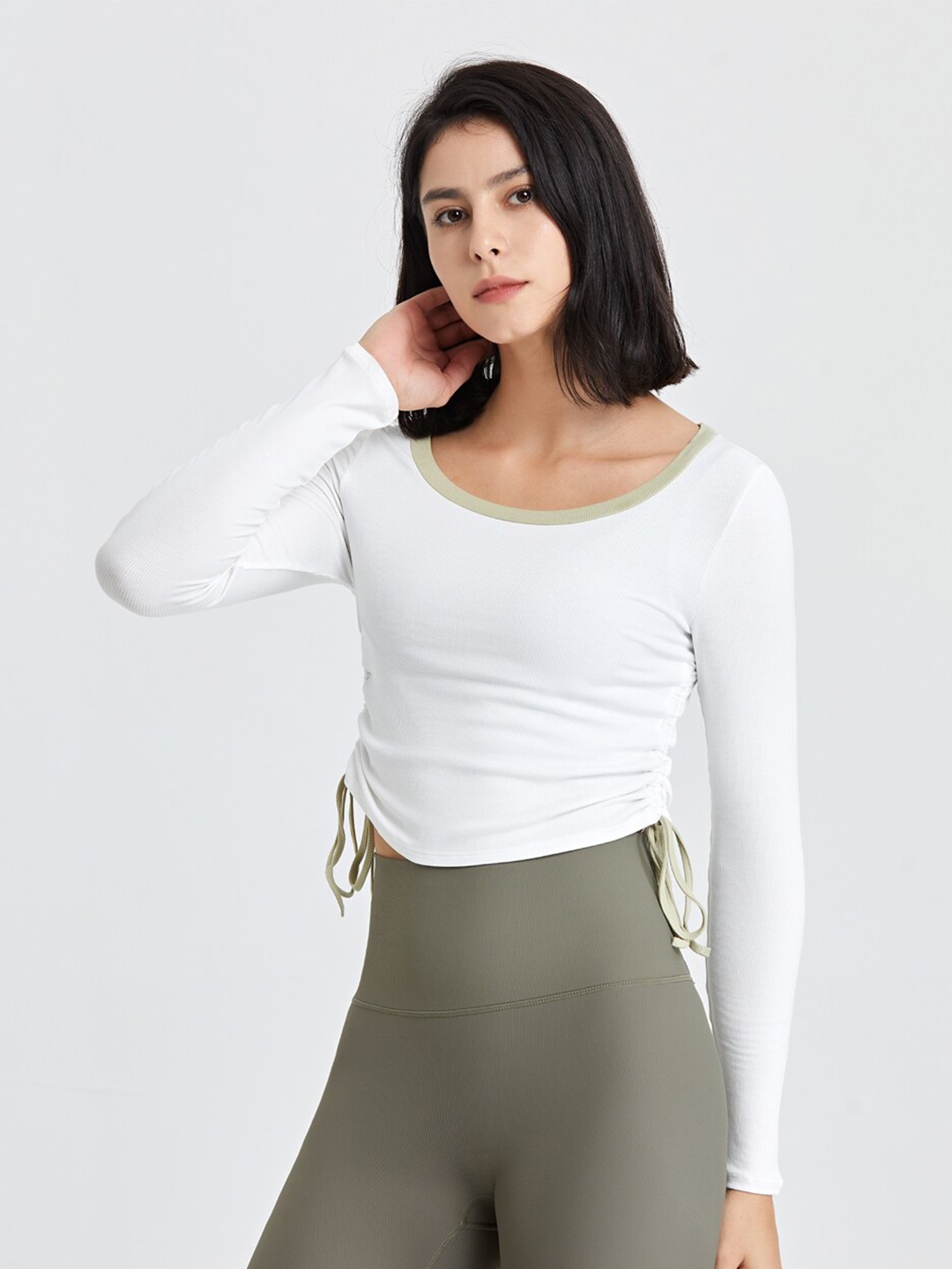 

JC Collection Side Ruched Round Neck Long Sleeves Top, White