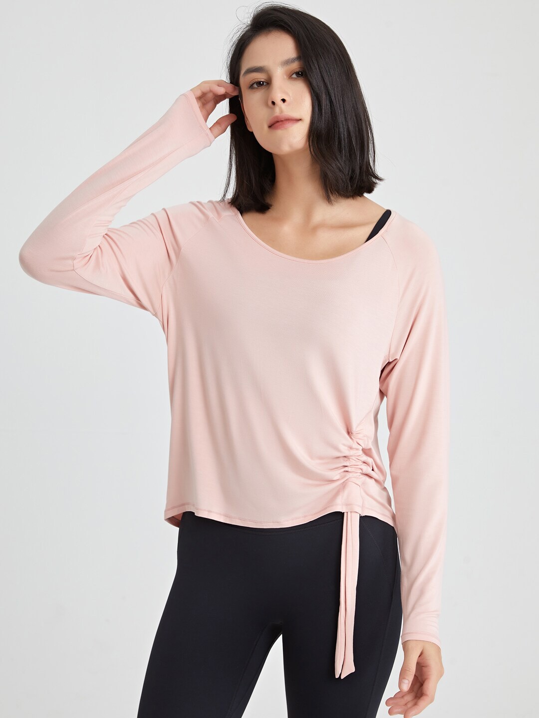 

JC Collection Scoop Neck Raglan Sleeves Ruched Cotton Top, Pink