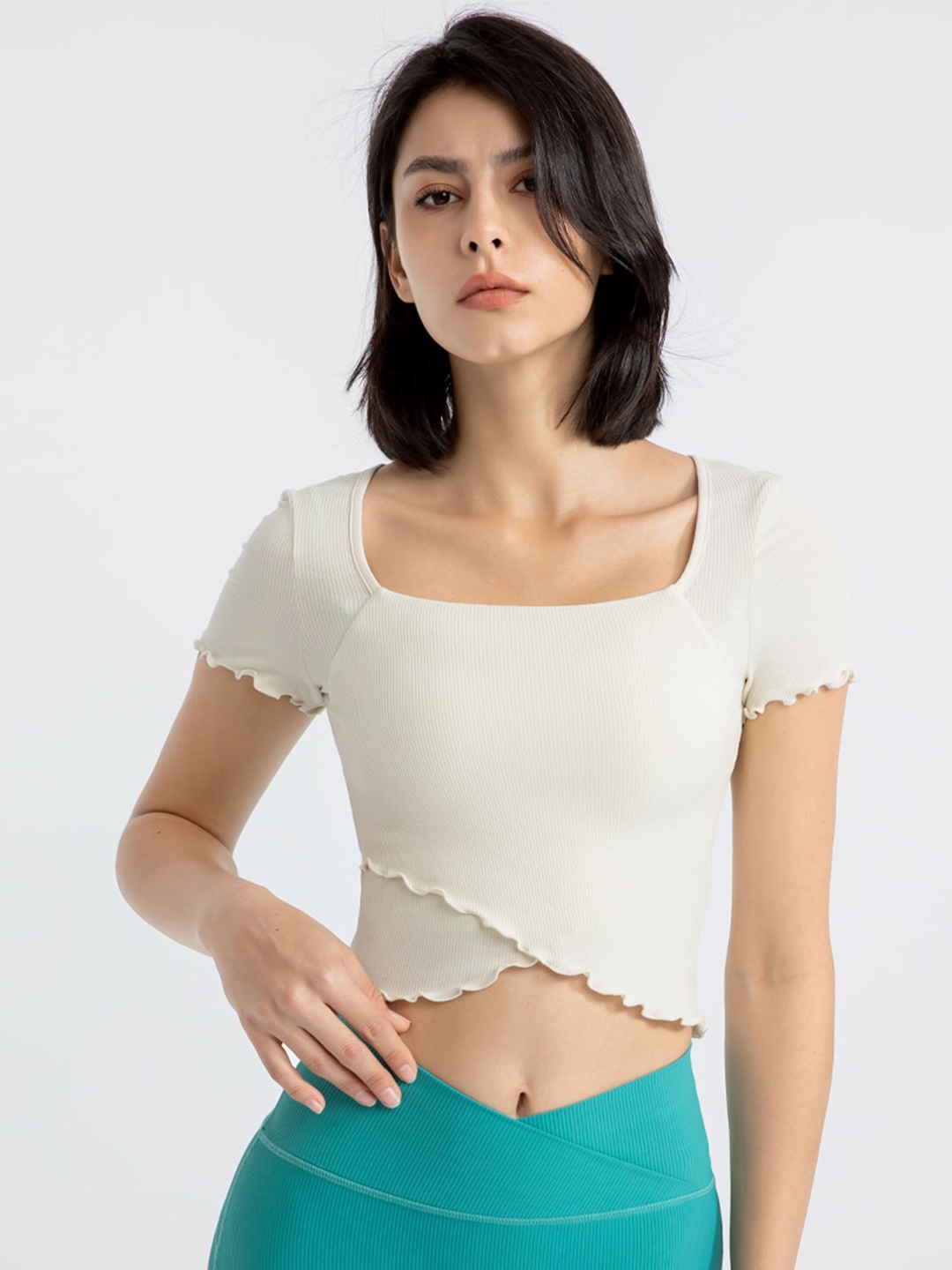 

JC Collection Square Neck Short Sleeves Fitted Crop Top, Off white