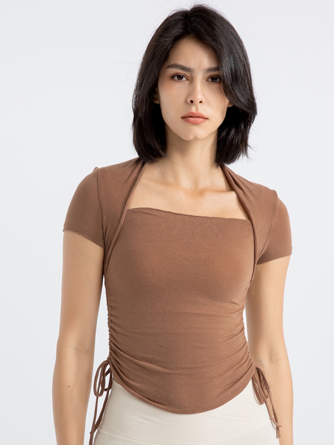 

JC Collection Square Neck Ruched Fitted Crop Top, Khaki