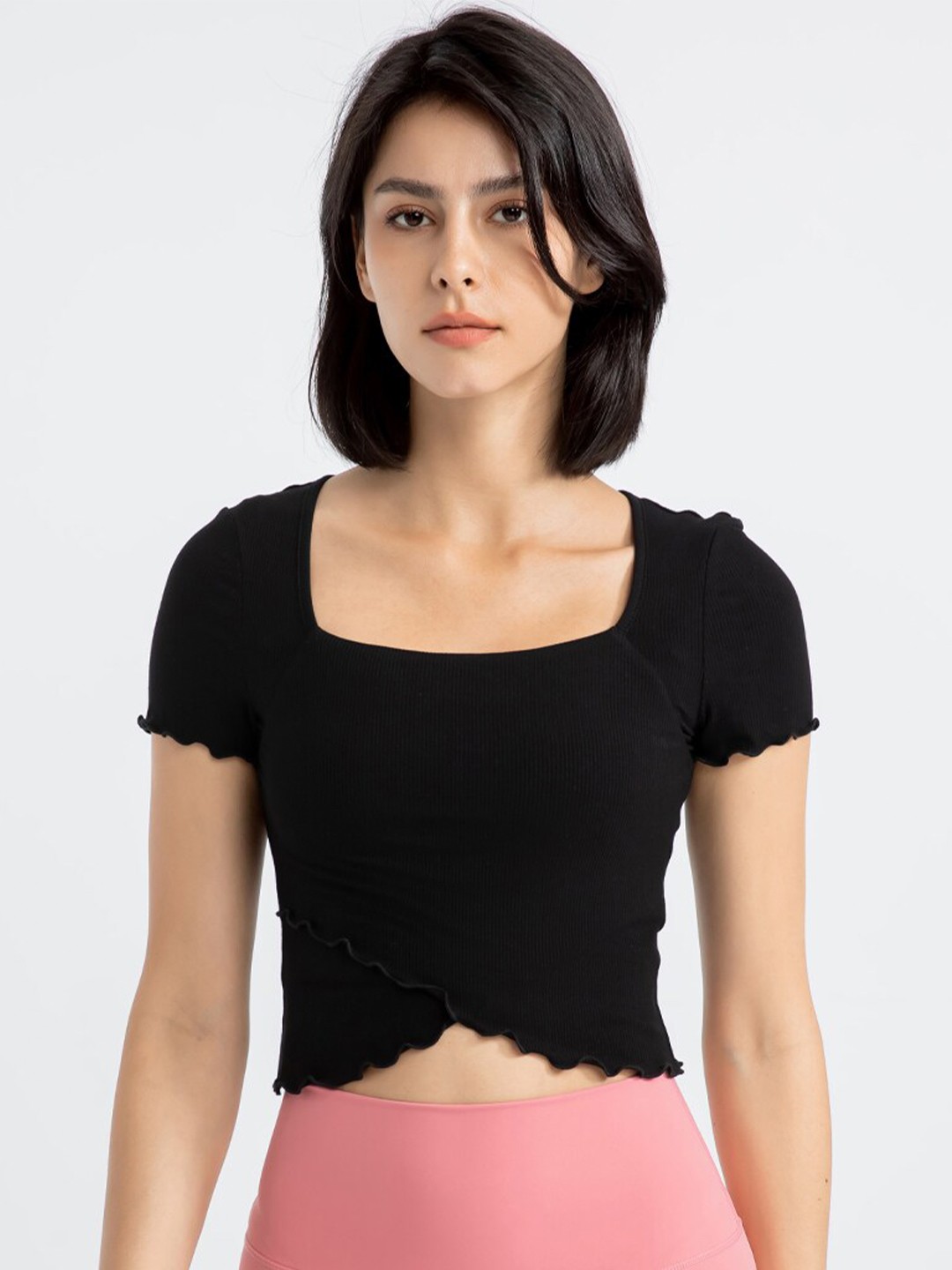 

JC Collection Square Neck Short Sleeves Fitted Crop Top, Black