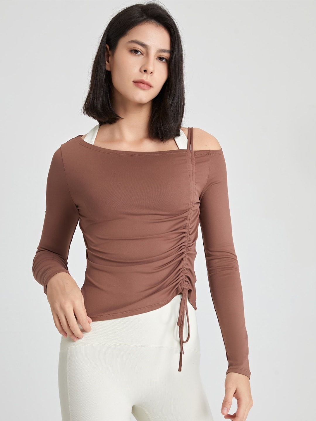 

JC Collection One Shoulder Ruched Fitted Top, Brown