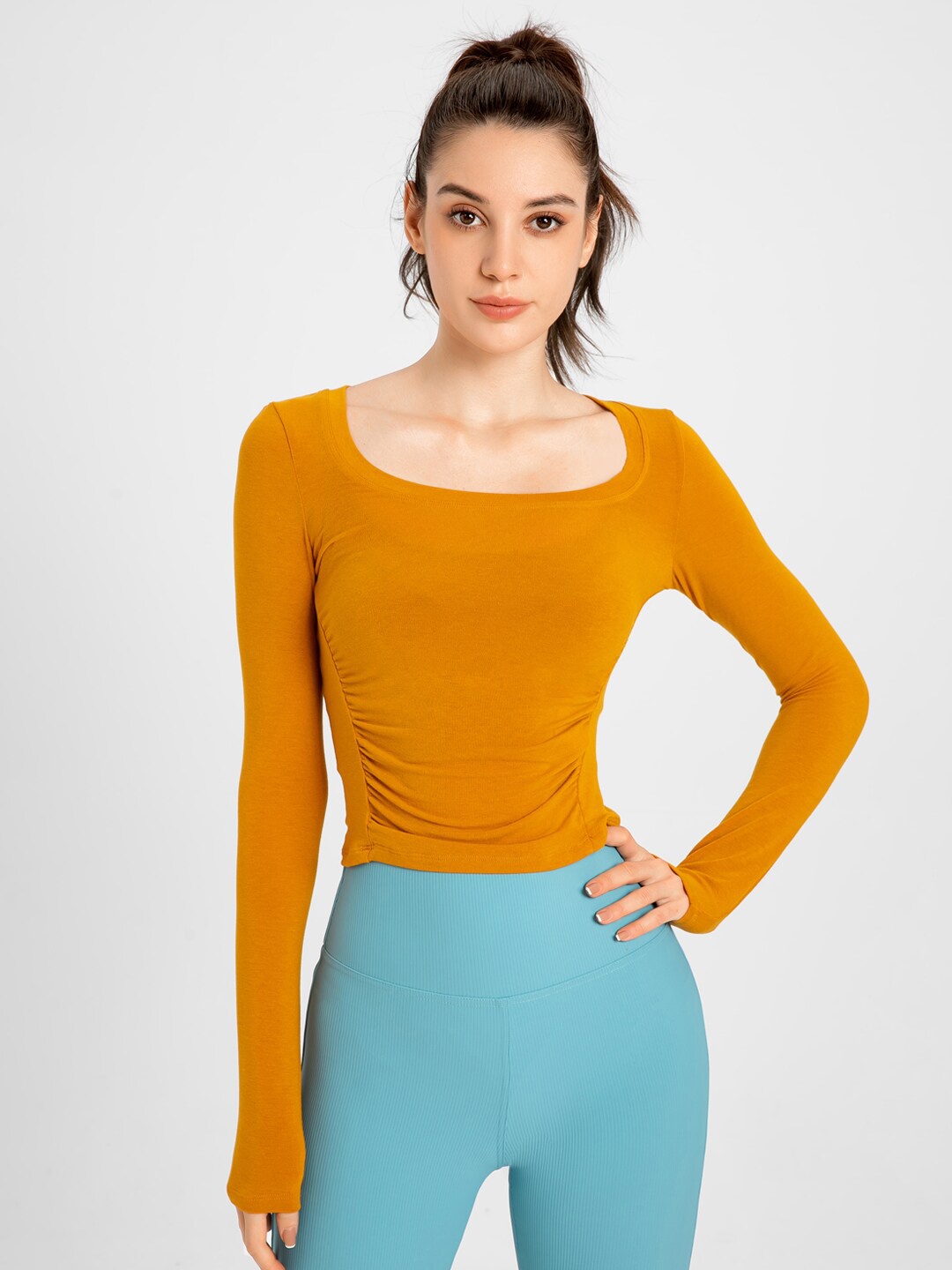 

JC Collection Ruched Scoop Neck Long Sleeves Top, Yellow