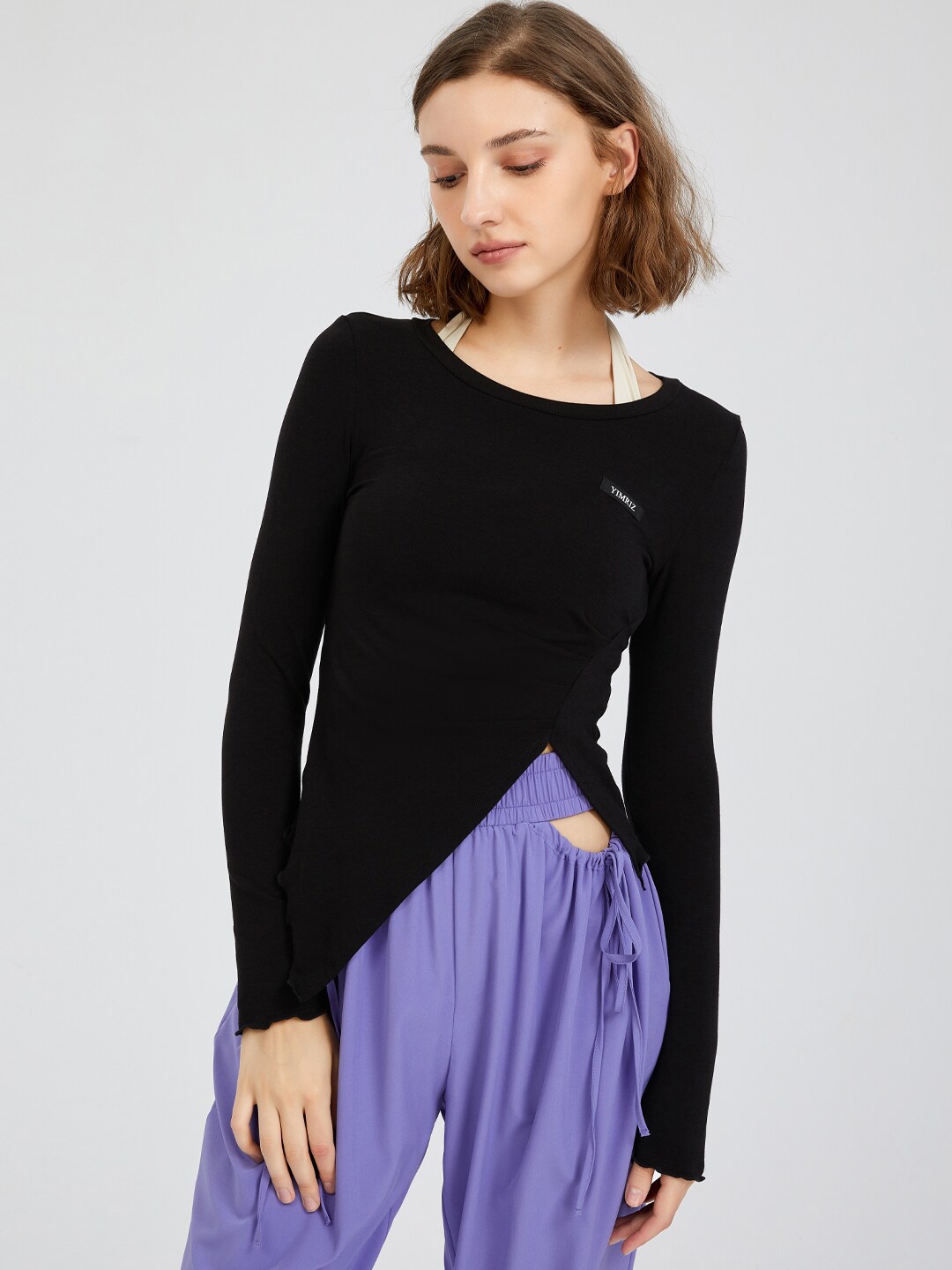 

JC Collection Round Neck Long Sleeves Front Cut Out Top, Black