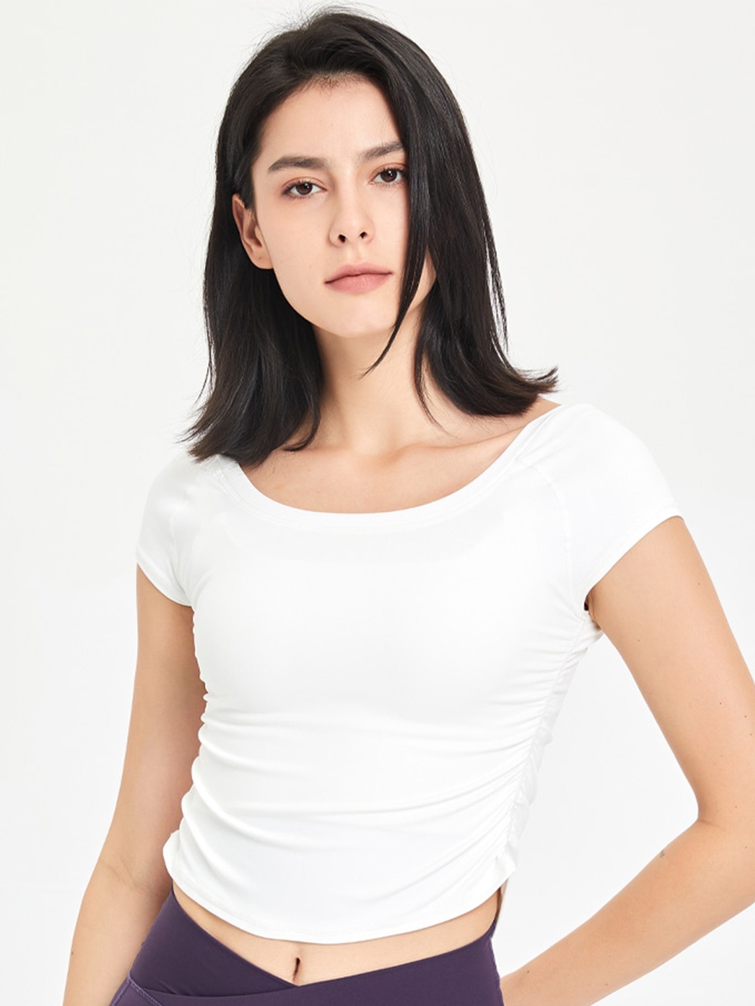 

JC Collection Gathered Round Neck Regular Sleeves Crop Top, White