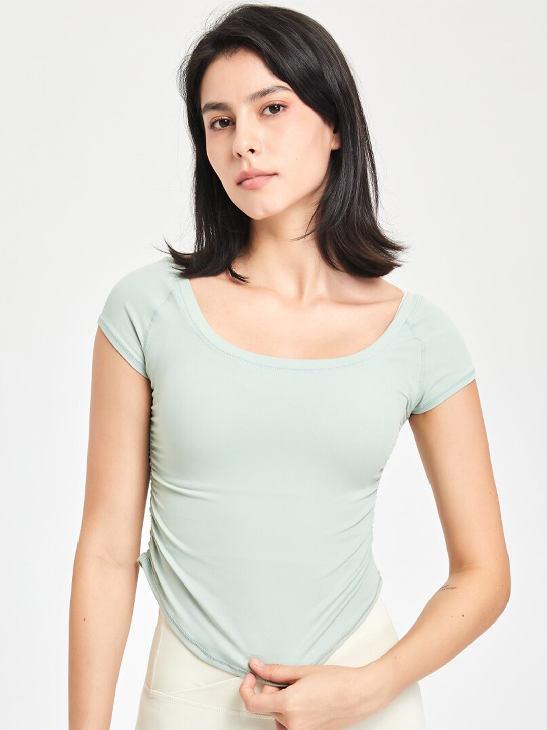 

JC Collection Raglan Sleeves Round Neck Gathered Fitted Regular Top, Green