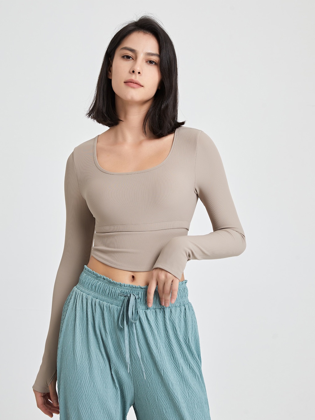 

JC Collection Scoop Neck Long Thumb Hole Sleeves Crop fitted Top, Grey