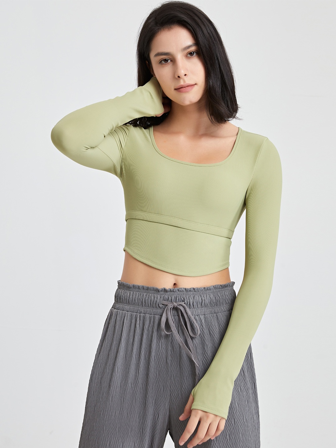 

JC Collection Scoop Neck Long Thumb Hole Sleeves Fitted Crop Top, Green