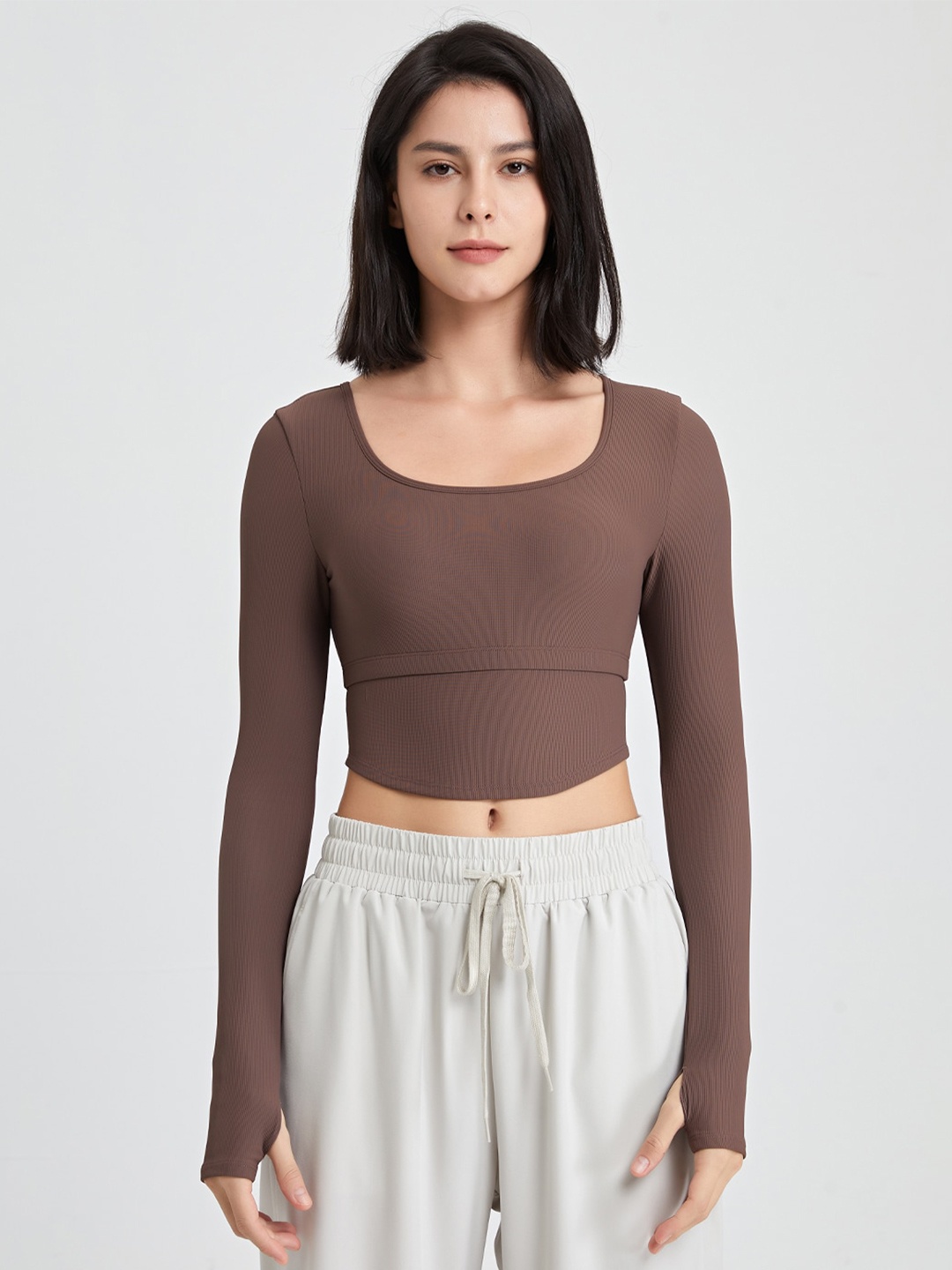 

JC Collection Scoop Neck Long Thumb Hole Sleeves Crop Top, Brown