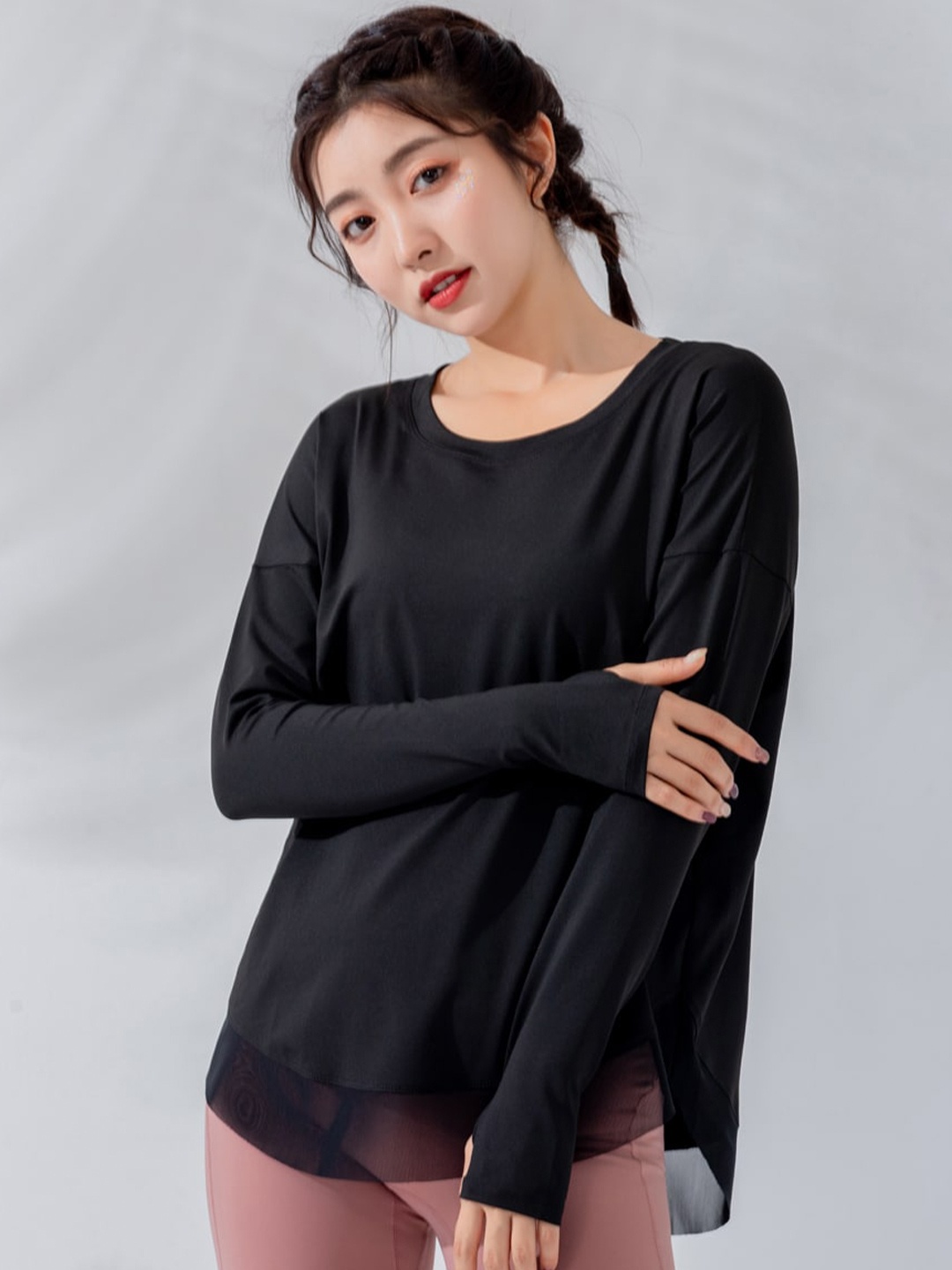 

JC Collection Round Neck Long thumb hole Sleeves Top, Black