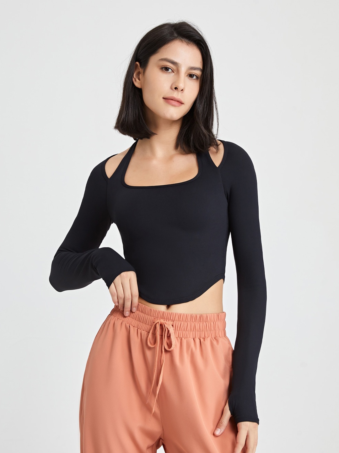 

JC Collection Scoop Neck Long Thumb Hole Sleeves Crop Top, Black