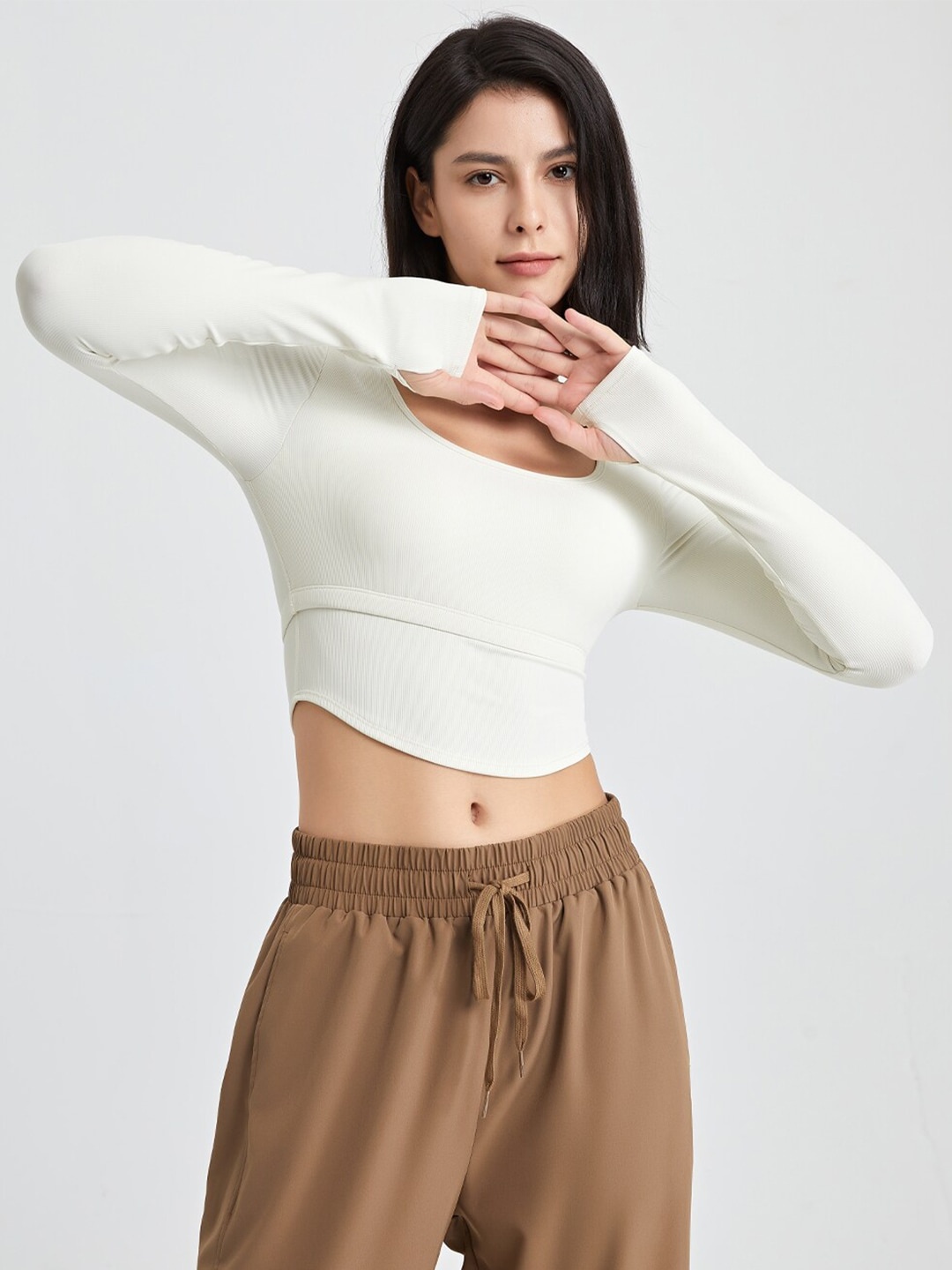 

JC Collection Scoop Neck Long Thumb Hole Sleeves Sports Crop Top, White