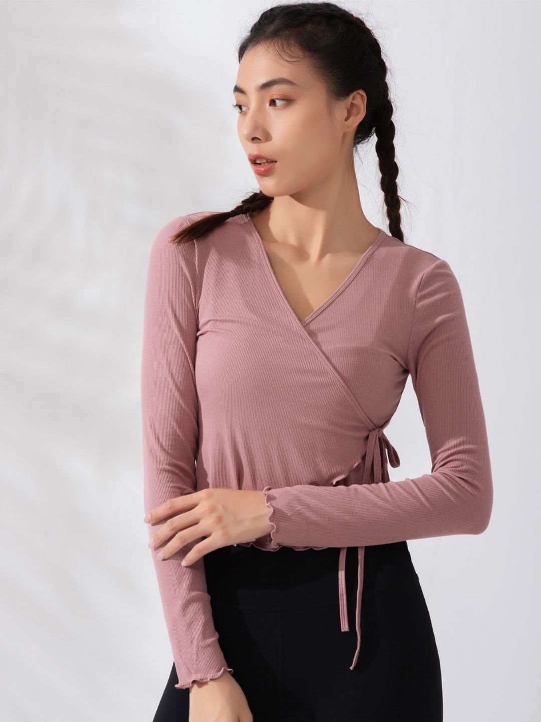 

JC Collection Side Wrap V-Neck Long Sleeves Top, Mauve