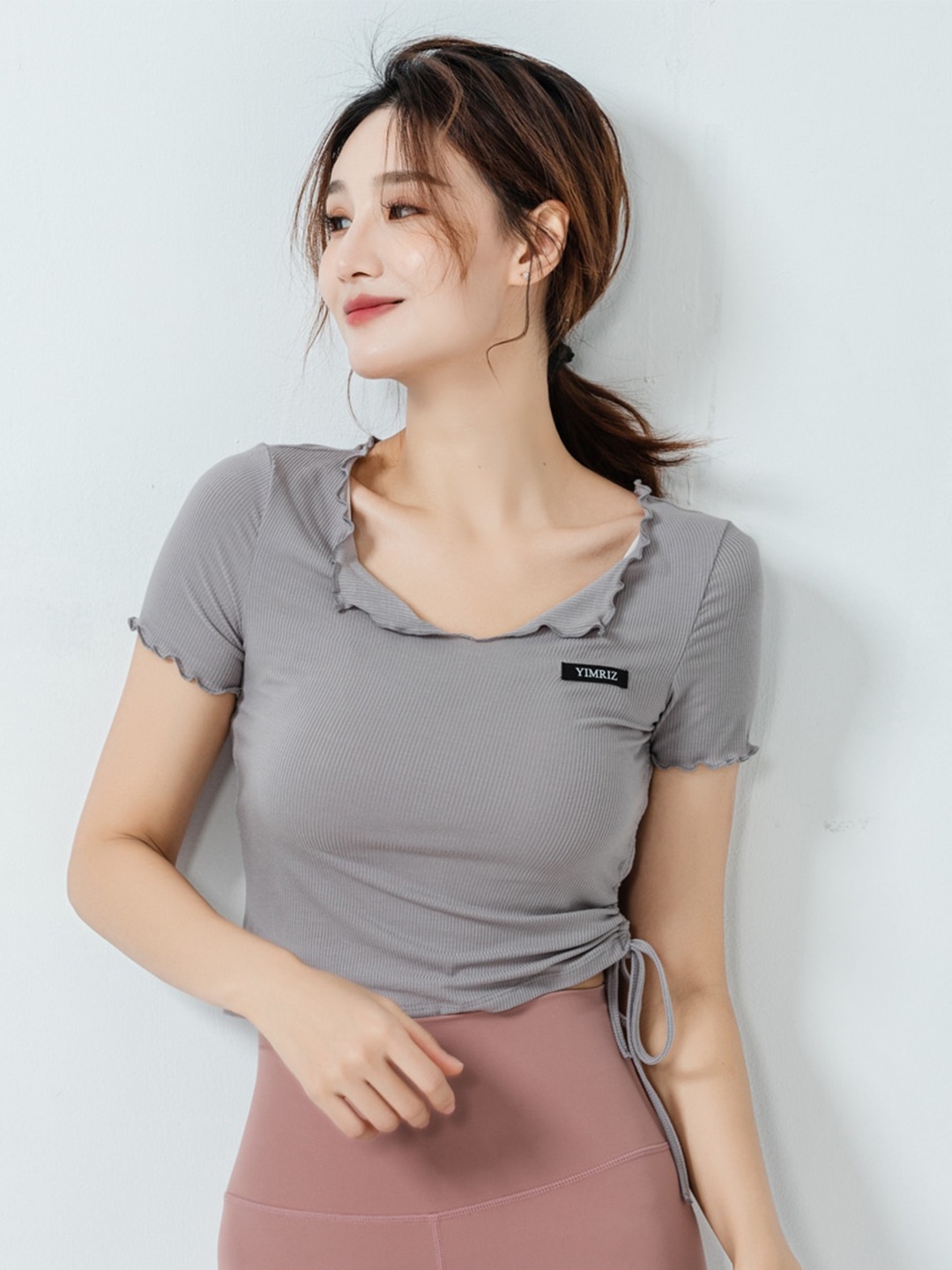 

JC Collection Side Ruched V-Neck Short Sleeves Top, Grey