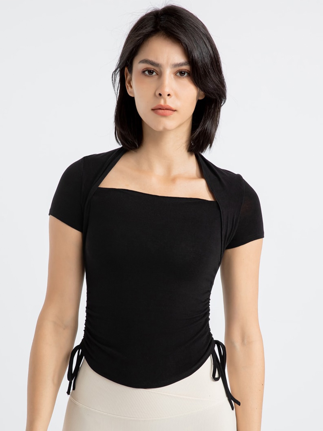 

JC Collection Square Neck Ruched Fitted Top, Black