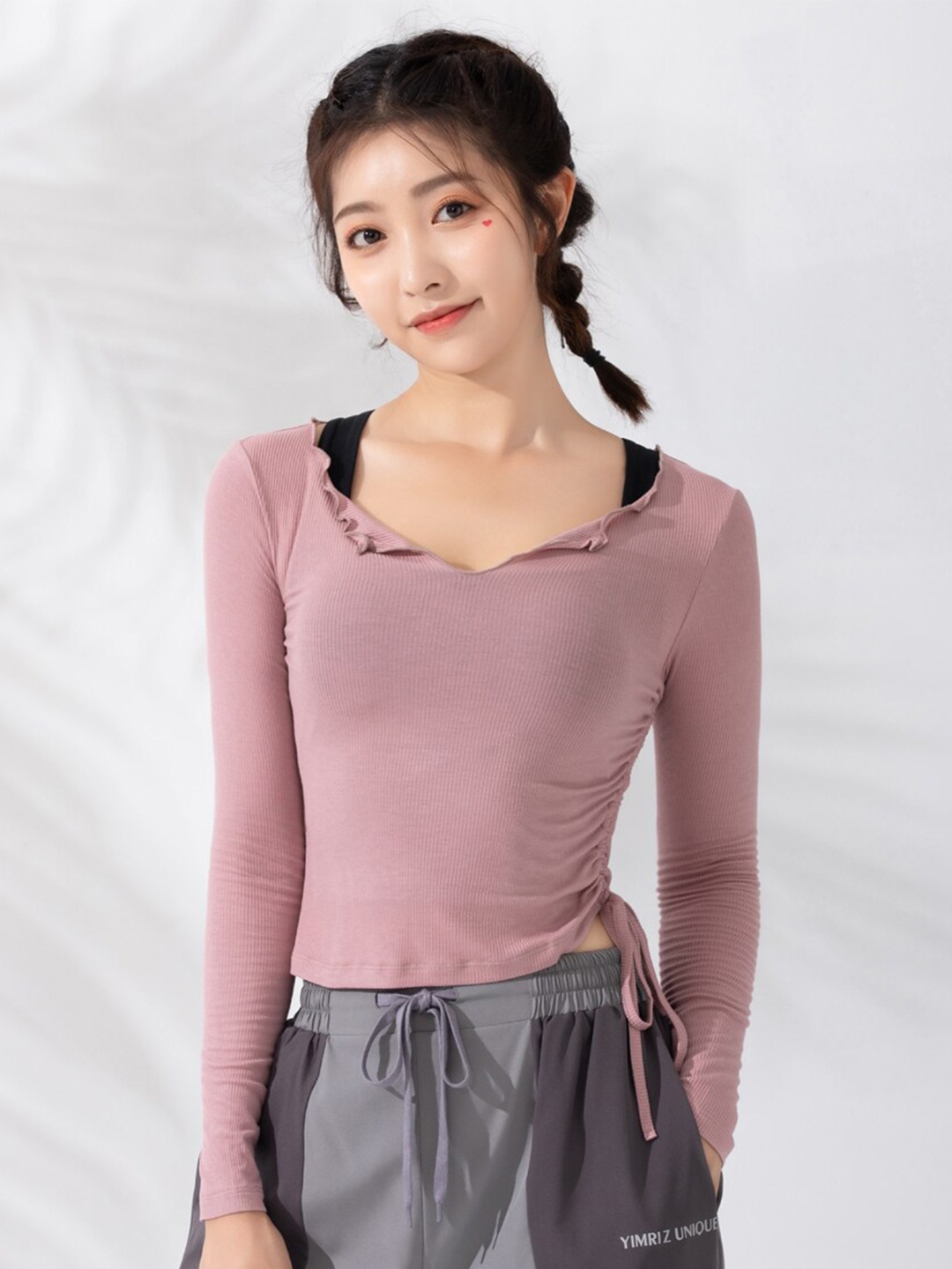 

JC Collection Side Ruched V-Neck Long Sleeves Crop Top, Mauve