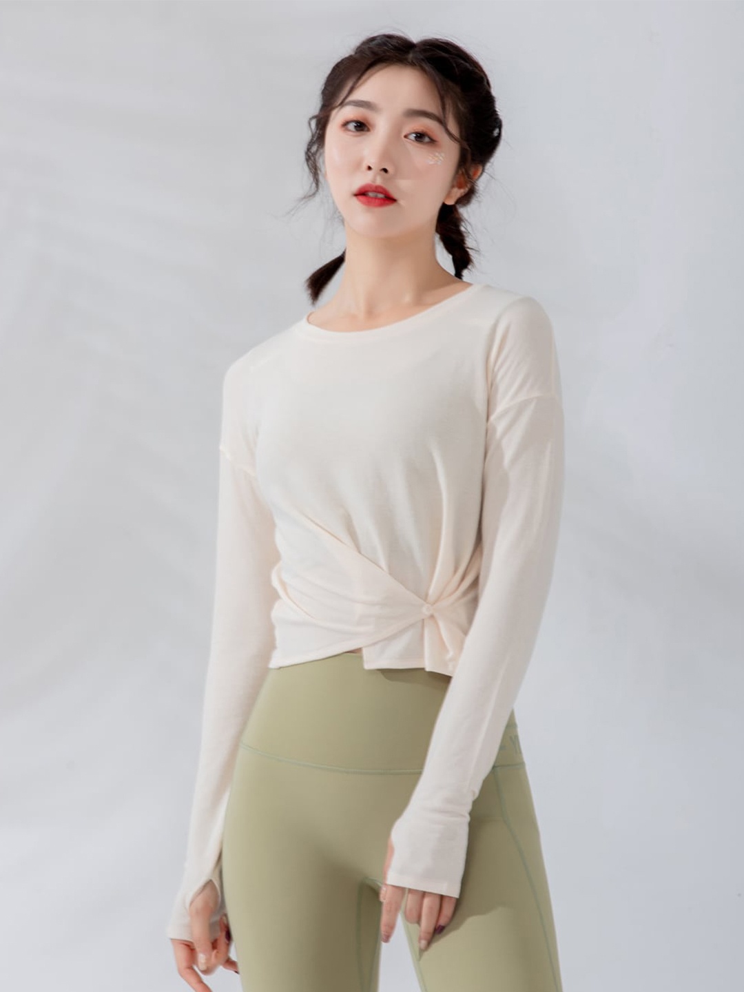 

JC Collection Long Thumb Hole Sleeves Round Neck Top, Beige