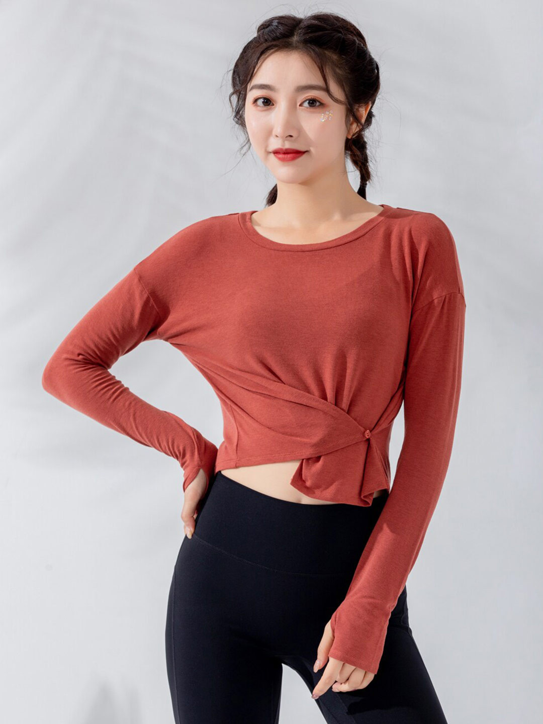 

JC Collection Round Neck Drop-Shoulder Sleeves Wrap Crop Top, Rust