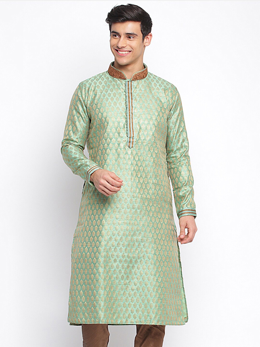 

Sanwara Ethnic Motifs Woven Design Mandarin Collar Art Silk Pastels Kurta, Green