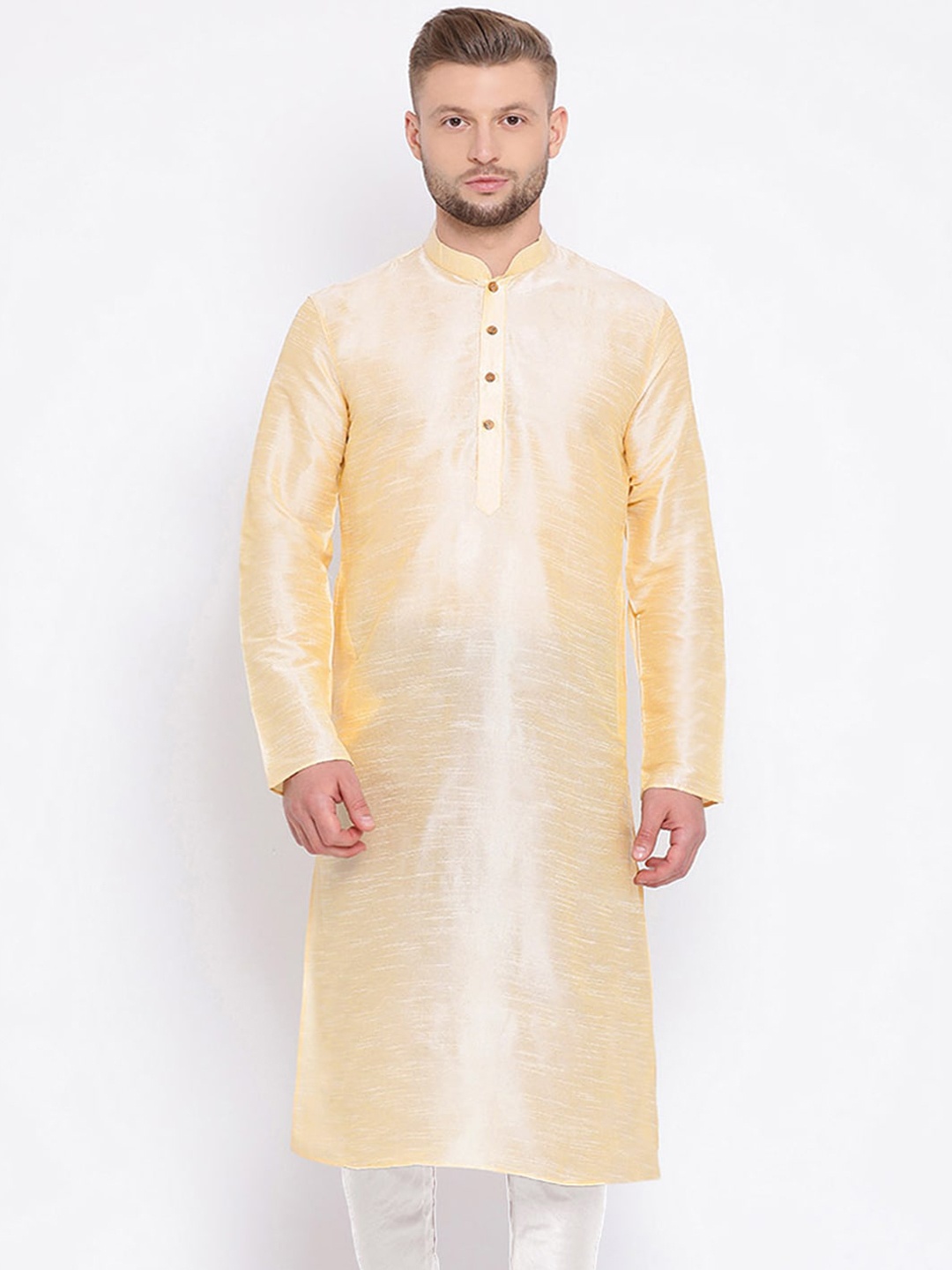 

Sanwara Mandarin Collar Art Silk Straight Regular Kurta, Beige