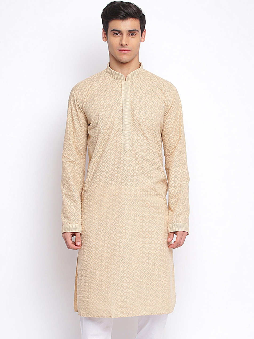 

Sanwara Ethnic Motifs Embroidered Chikankari Madarin Collar Cotton Kurta, Beige