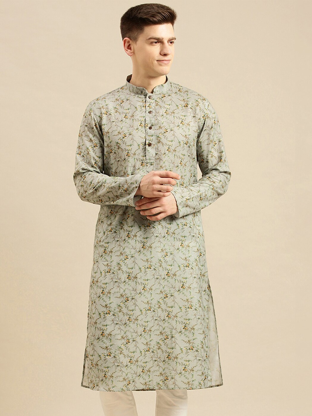 

Sanwara Floral Printed Mandarin Collar Cotton Straight Regular Kurta, Green