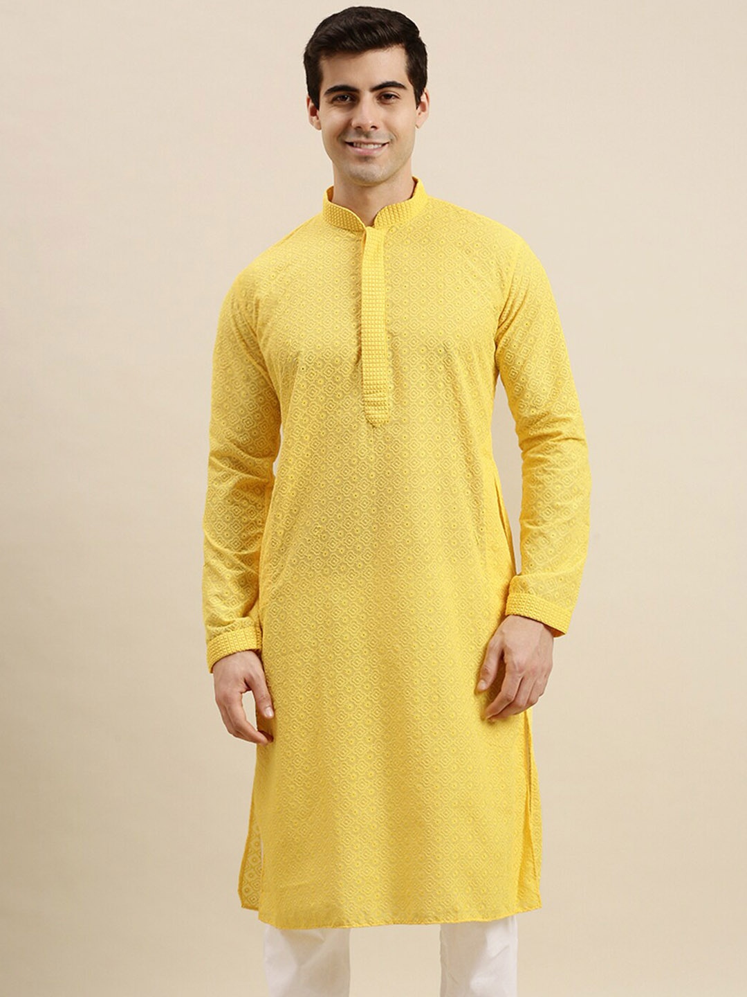 

Sanwara Ethnic Motifs Embroidered Chikankari Cotton Straight Regular Kurta, Yellow