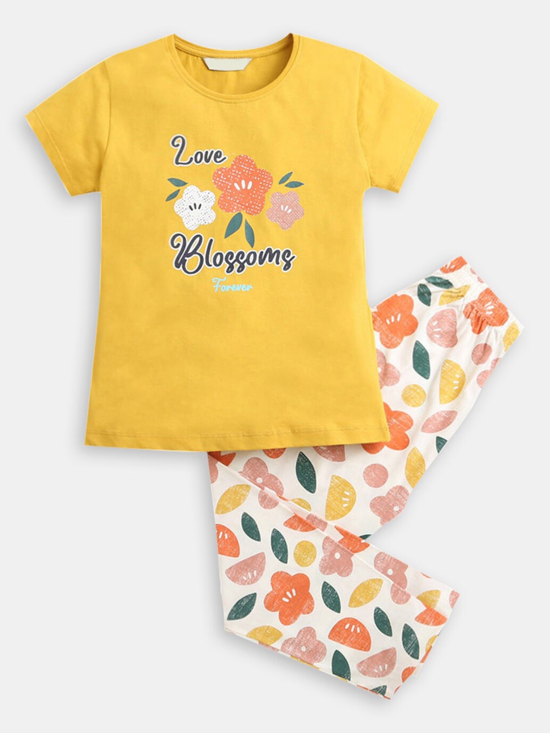 

Hopscotch Girls Printed Pure Cotton T-shirt With Pyjamas Set, Yellow