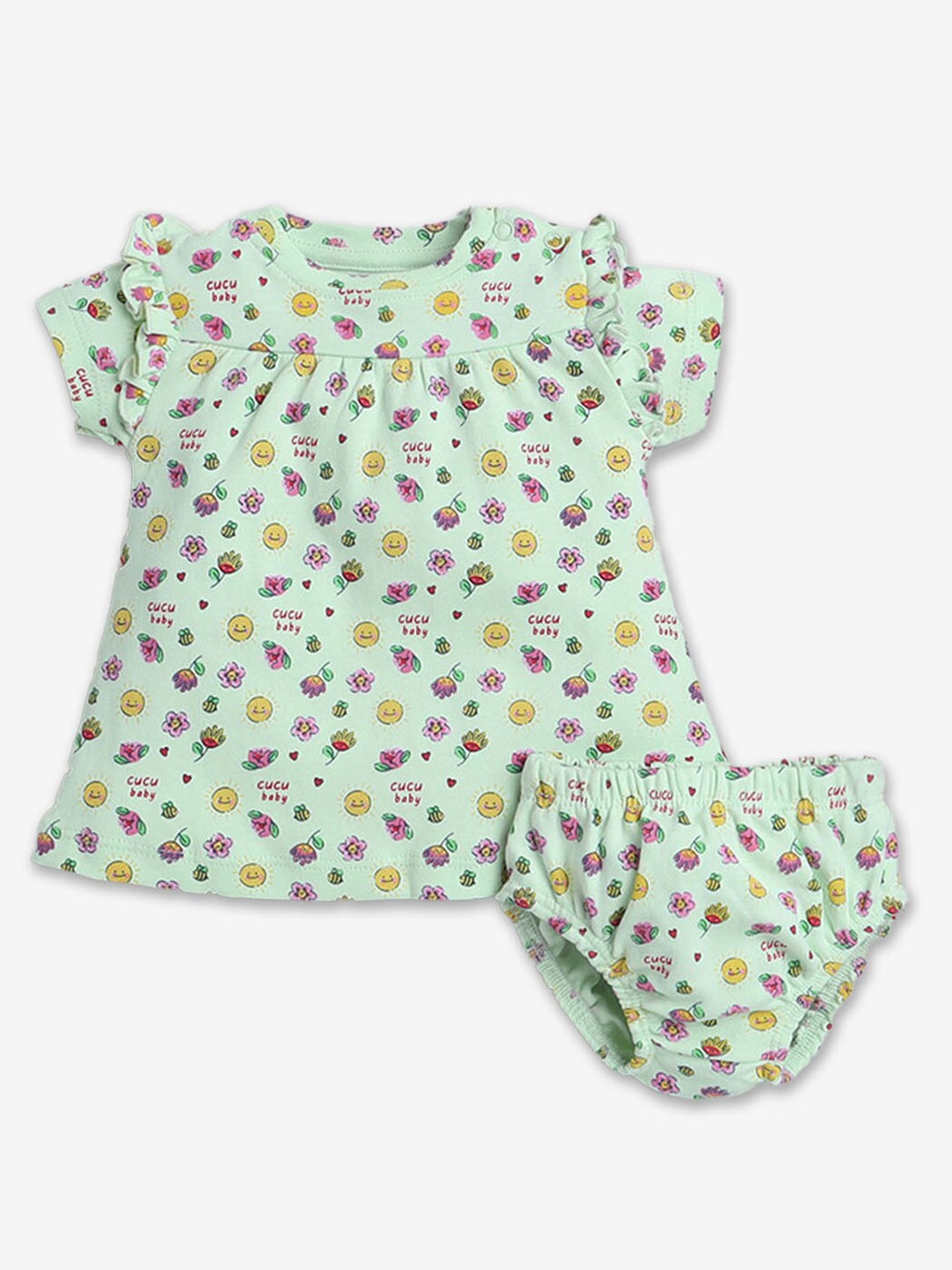 

Hopscotch Infants Girls Printed Pure Cotton Dress With Bloomers Set, Sea green