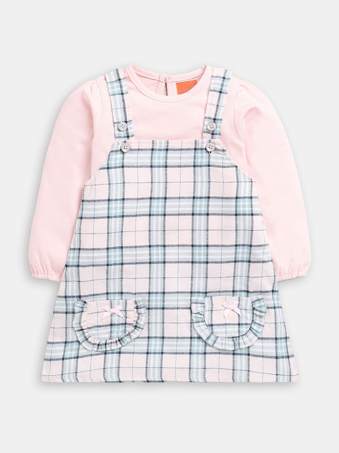 

Hopscotch Girls Pure Cotton Top with Checked Dungaree Dress Set, Pink