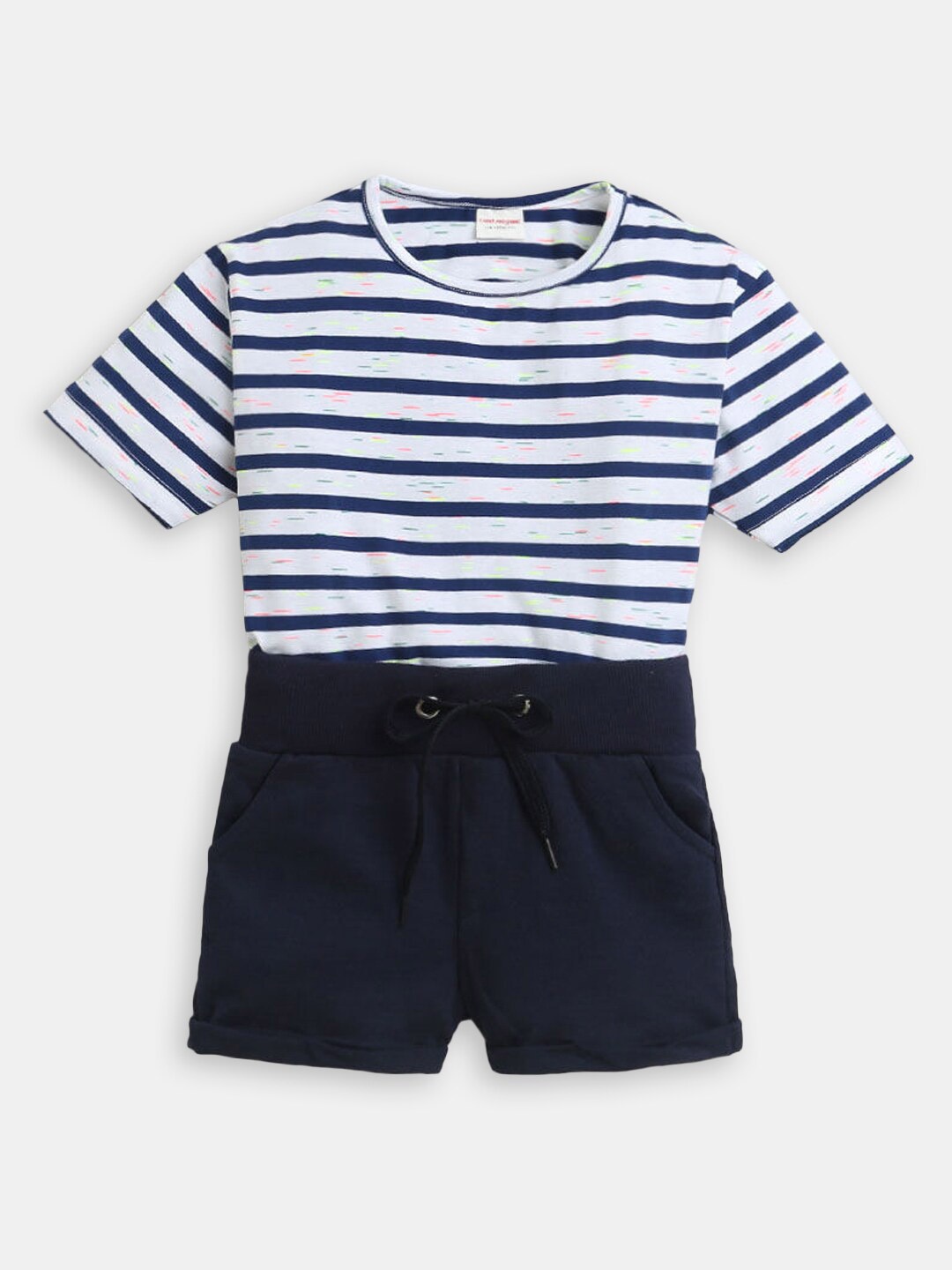 

Hopscotch Girls Striped Pure Cotton Top With Shorts Set, White