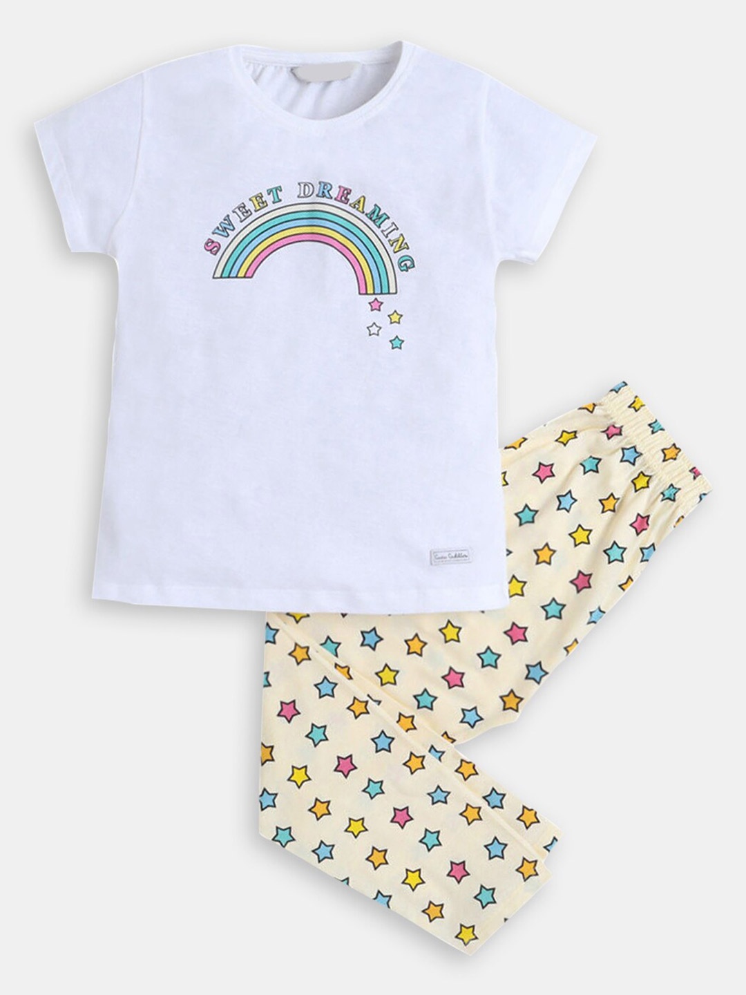 

Hopscotch Girls Printed Pure Cotton T-shirt With Pyjamas Set, White