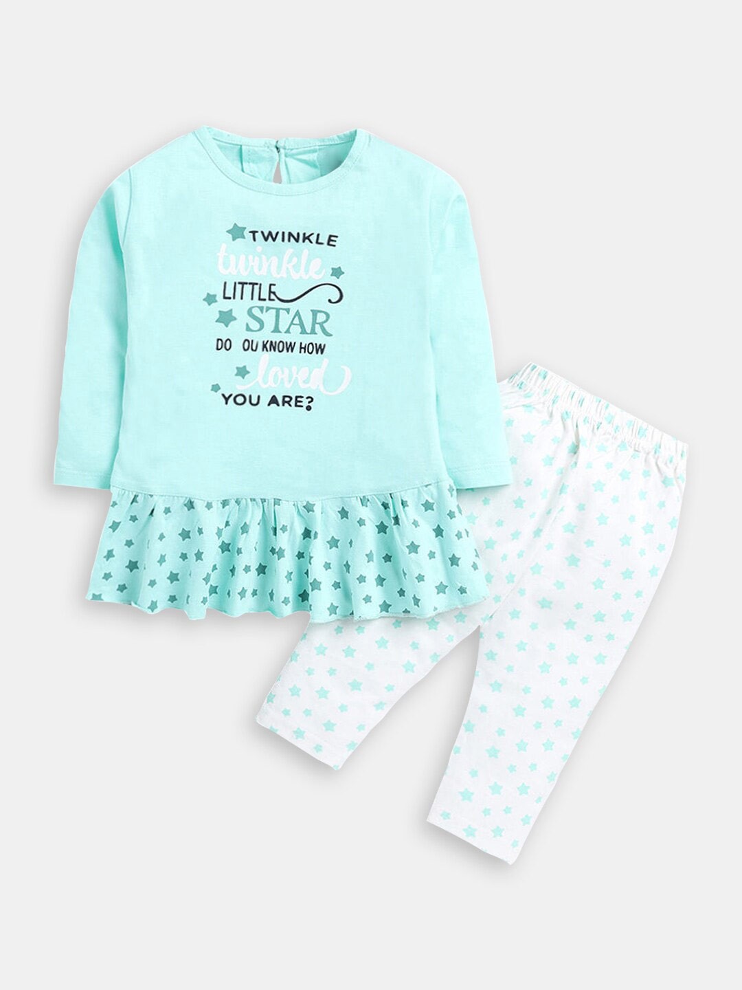

Hopscotch Infants Girls Printed Pure Cotton Top With Leggings Set, Turquoise blue