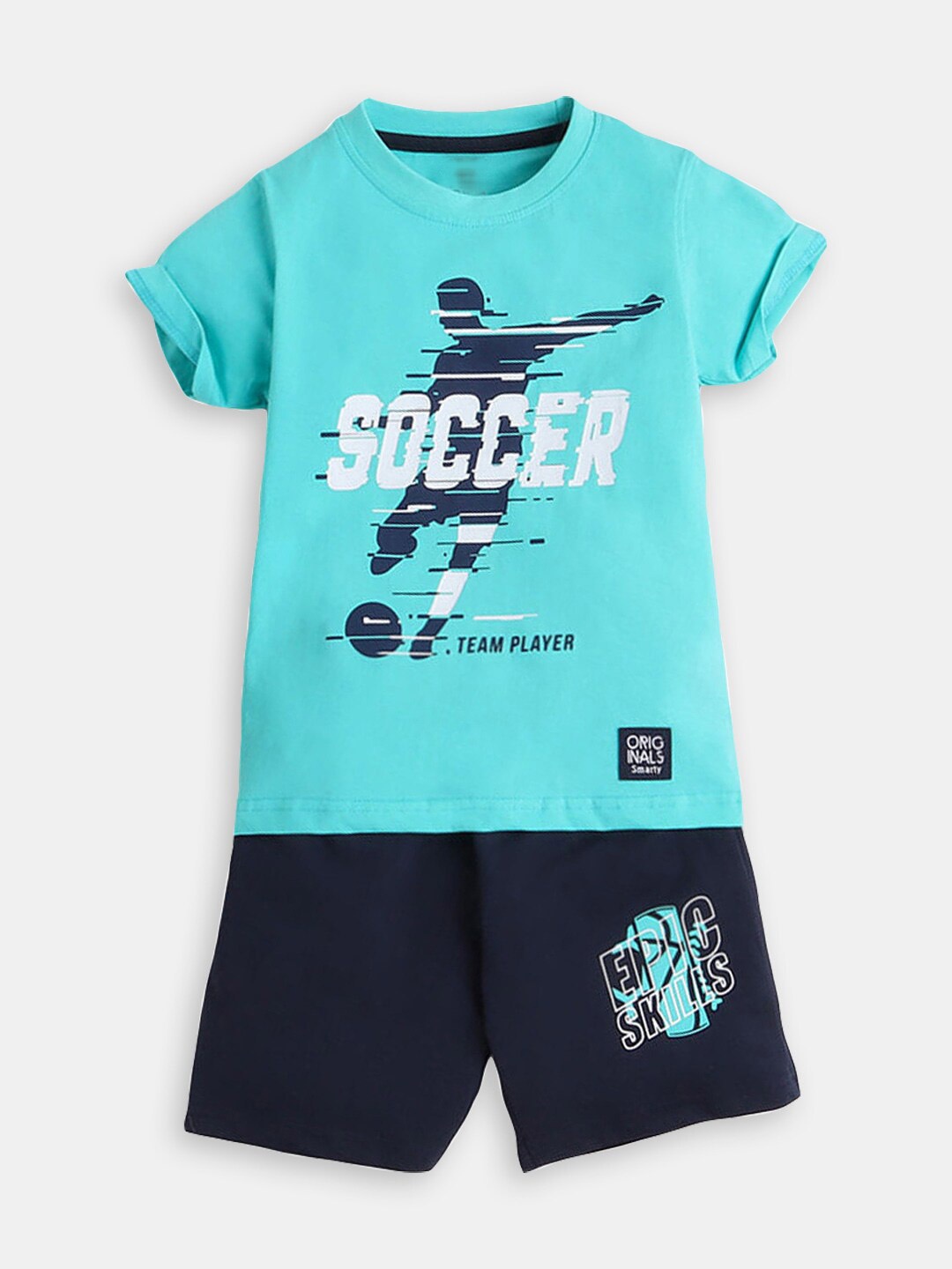 

Hopscotch Boys Printed Pure Cotton Round Neck T-shirt with Shorts Clothing Set, Turquoise blue