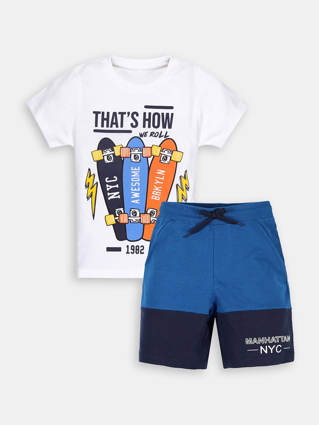 

Hopscotch Boys Printed Pure Cotton T-shirt With Shorts Set, White