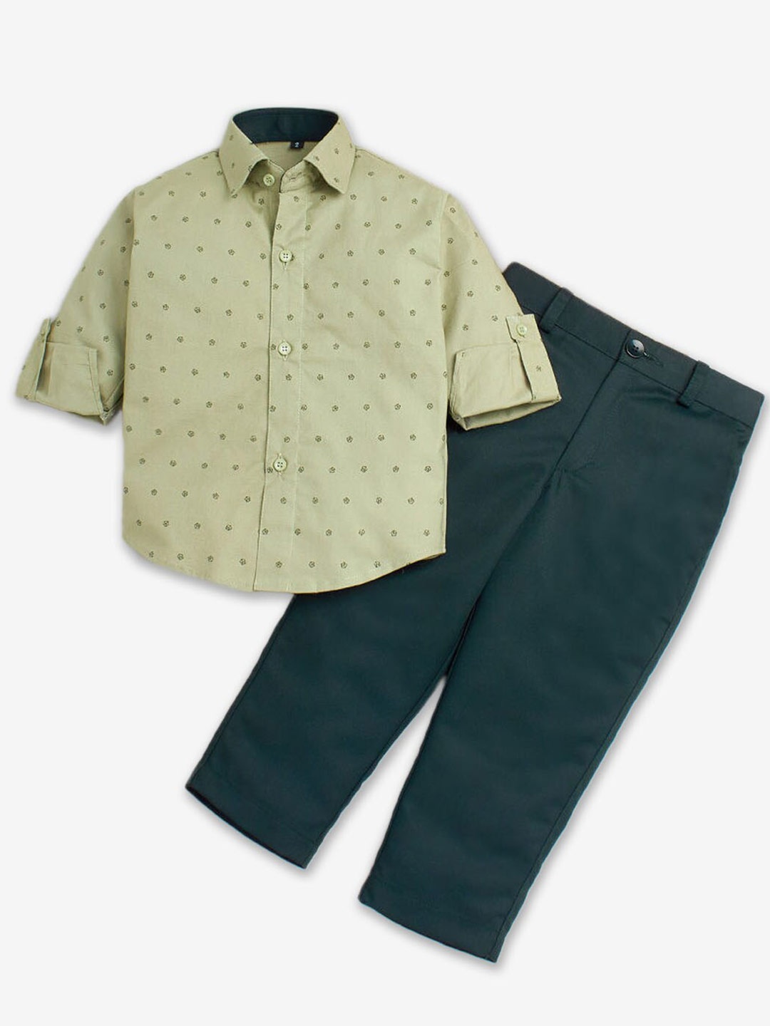 

Hopscotch Boys Printed Shirt With Trousers Set, Green