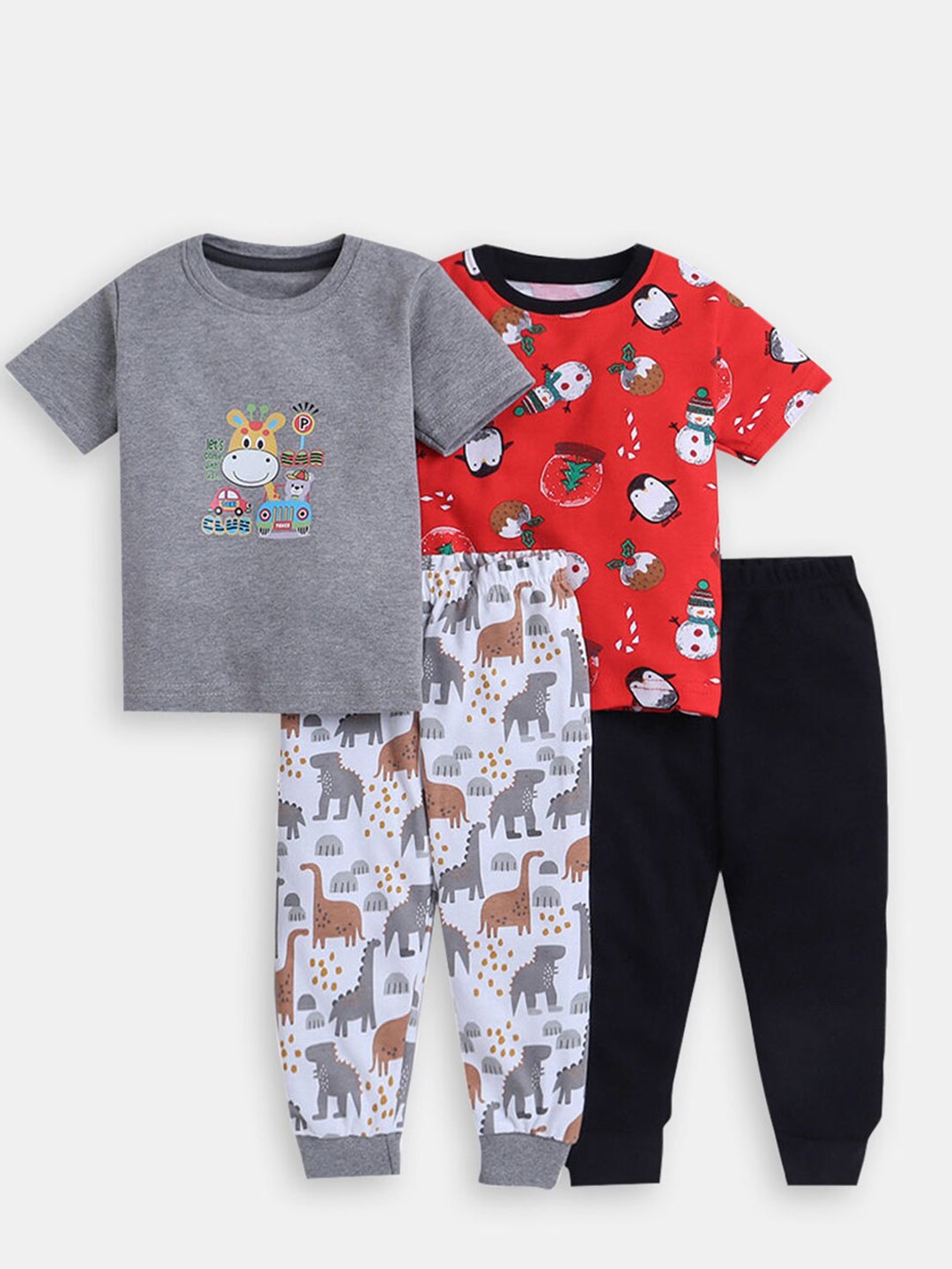 

Hopscotch Boys Pack Of 2 Printed Pure Cotton T-shirt with Trousers, Grey