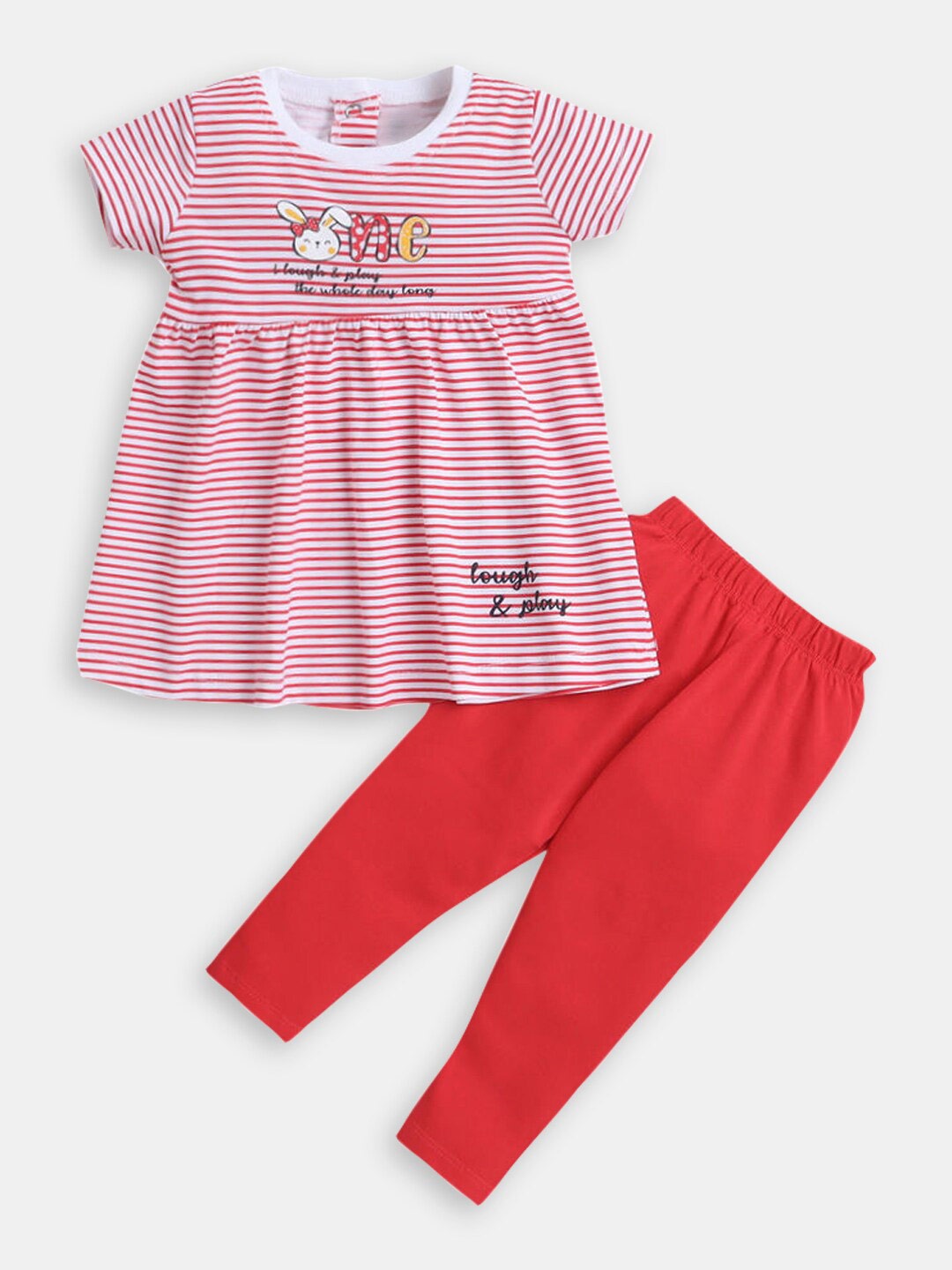 

Hopscotch Girls Striped Pure Cotton Top with Leggings, Red