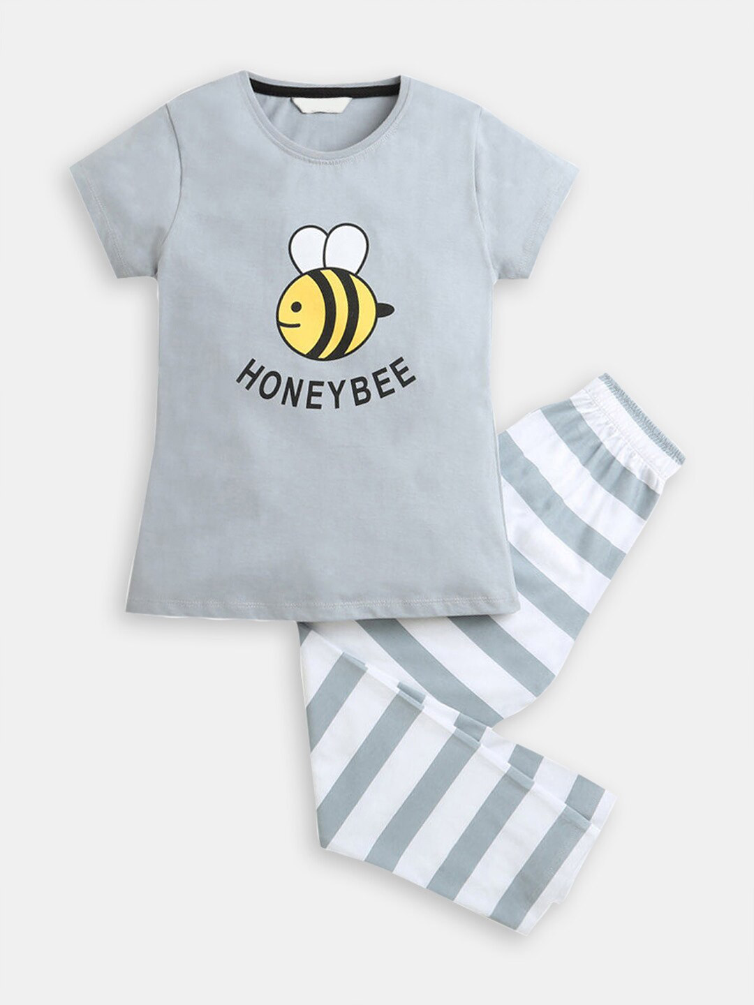 

Hopscotch Girls Printed Pure Cotton T-shirt With Pyjamas Set, Grey
