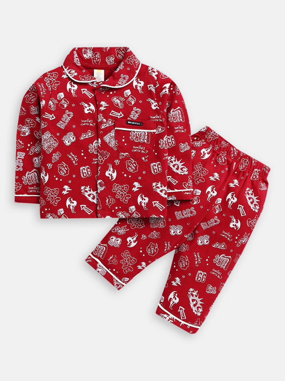 

Hopscotch Infant Boys Conversational Printed Pure Cotton Night Suit, Maroon