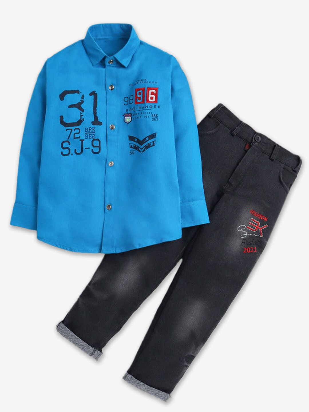 

Hopscotch Boys Printed Pure Cotton Shirt With Trousers Set, Blue