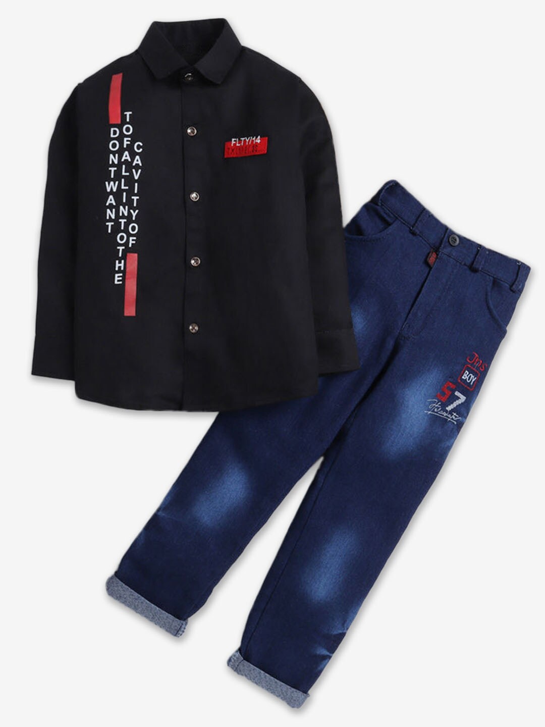 

Hopscotch Boys Printed Pure Cotton Shirt with Trousers, Black