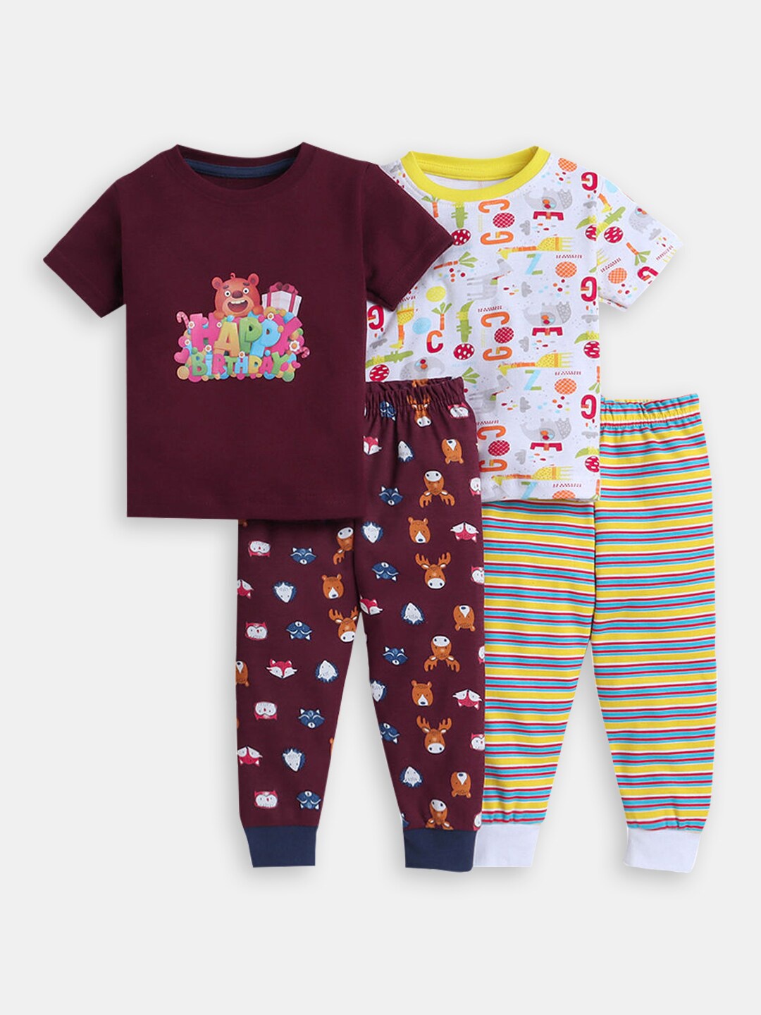 

Hopscotch Boys Pack Of 2 Printed Pure Cotton T-shirt with Trousers, Coffee brown