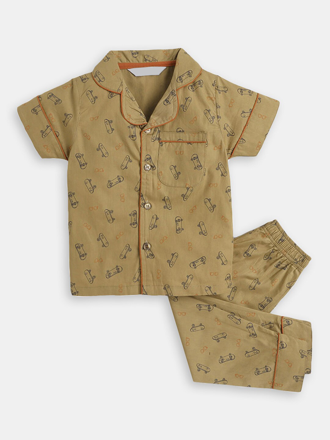 

Hopscotch Boys Conversational Printed Pure Cotton Night Suit, Beige