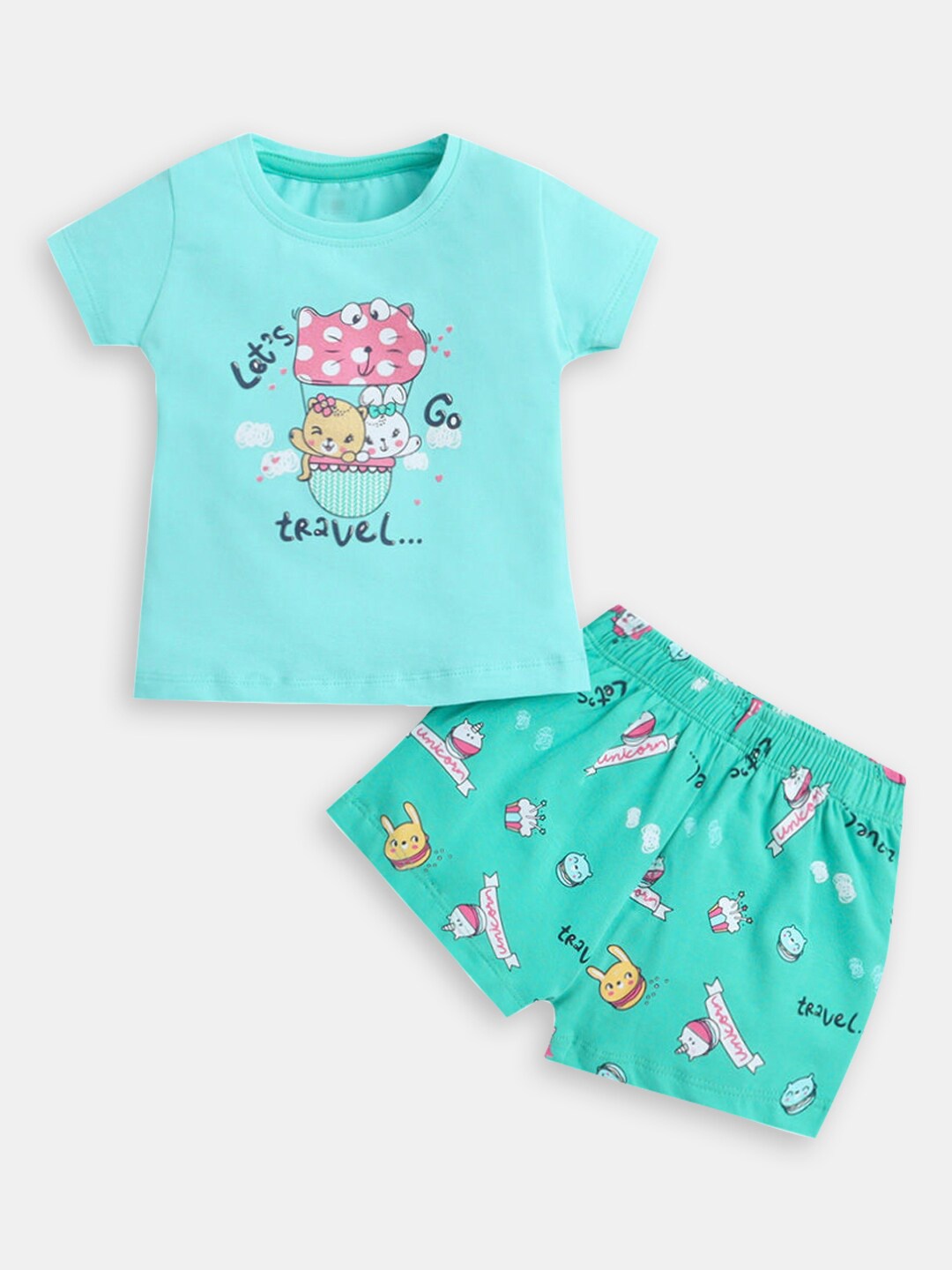 

Hopscotch Girls Printed Pure Cotton T-shirt with Shorts, Turquoise blue